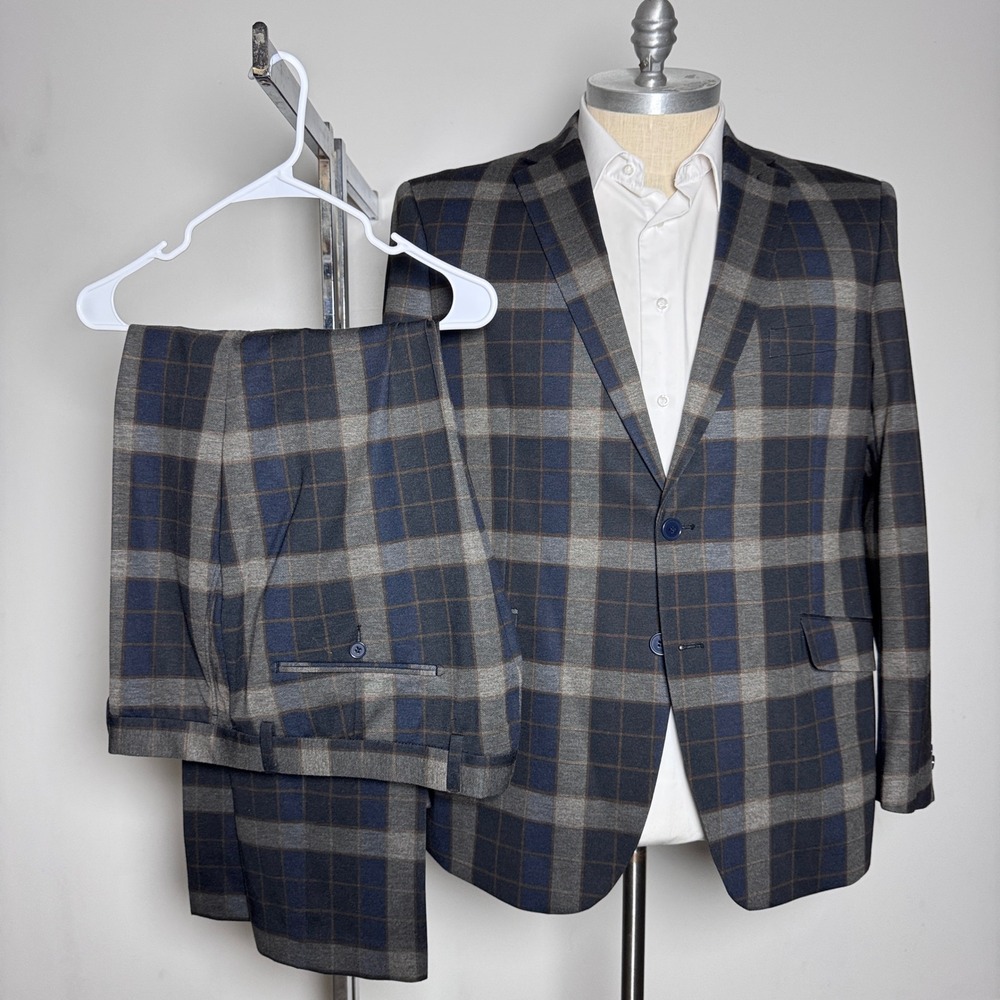 Friday Threads Suit Mens 50R W42 Brown Navy Plaid 2-Button Notch Lapel Modern